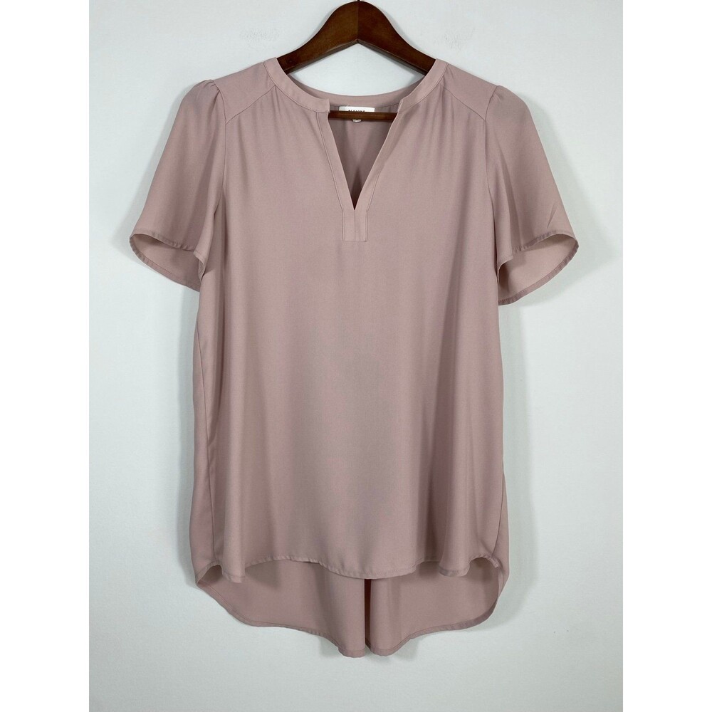 Pleione Blush Pink Split Neck Blouse | Puff Sleeve High-Low Top | XS